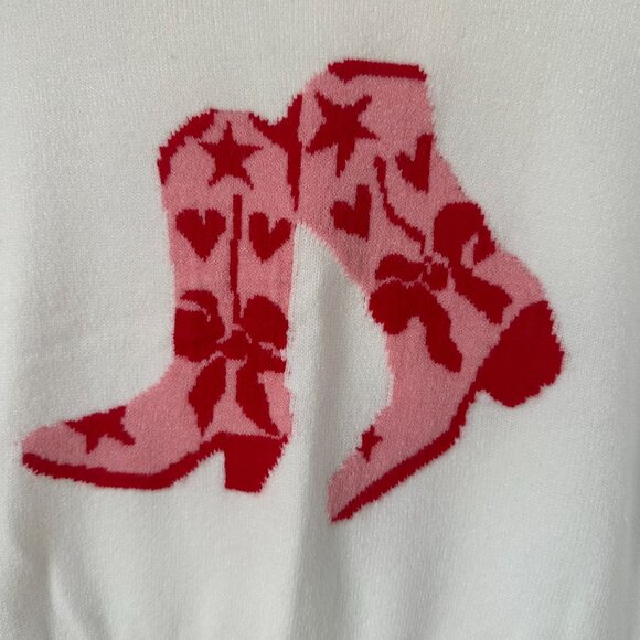 Haute Hippie White Sweater with Red and Pink Boot Design, Medium - Picture 4 of 7